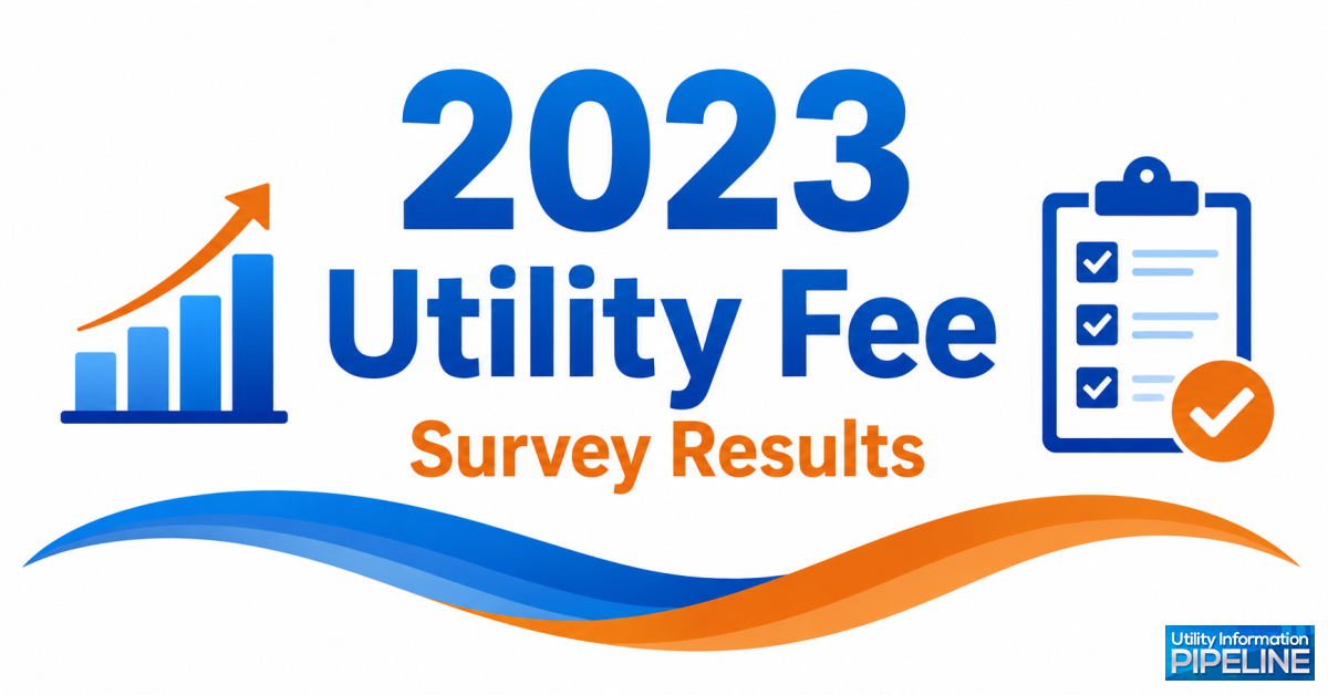 Banner graphic titled '2023 Utility Fee Survey Results,' featuring an ascending bar chart icon, a clipboard with checkmarks icon, a blue and orange wave design, and the Utility Information Pipeline logo.