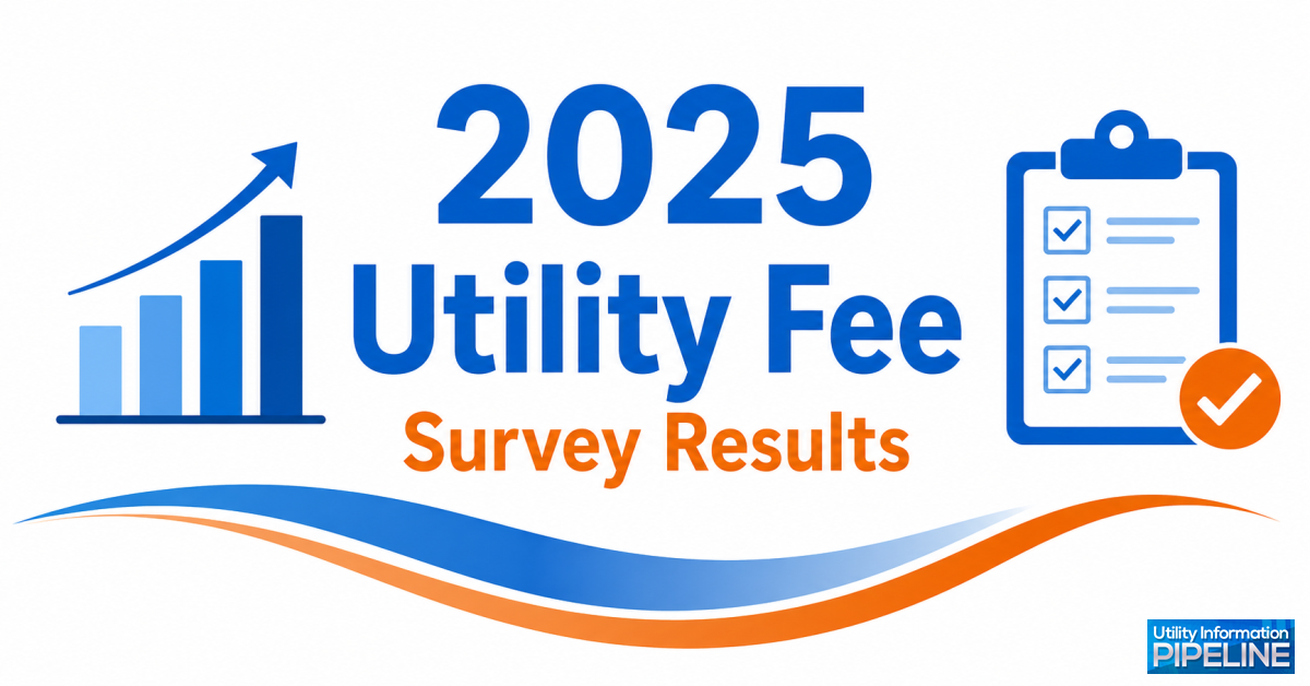 Banner graphic titled '2025 Utility Fee Survey Results,' featuring an ascending bar chart icon, a clipboard with checkmarks icon, a blue and orange wave design, and the Utility Information Pipeline logo.