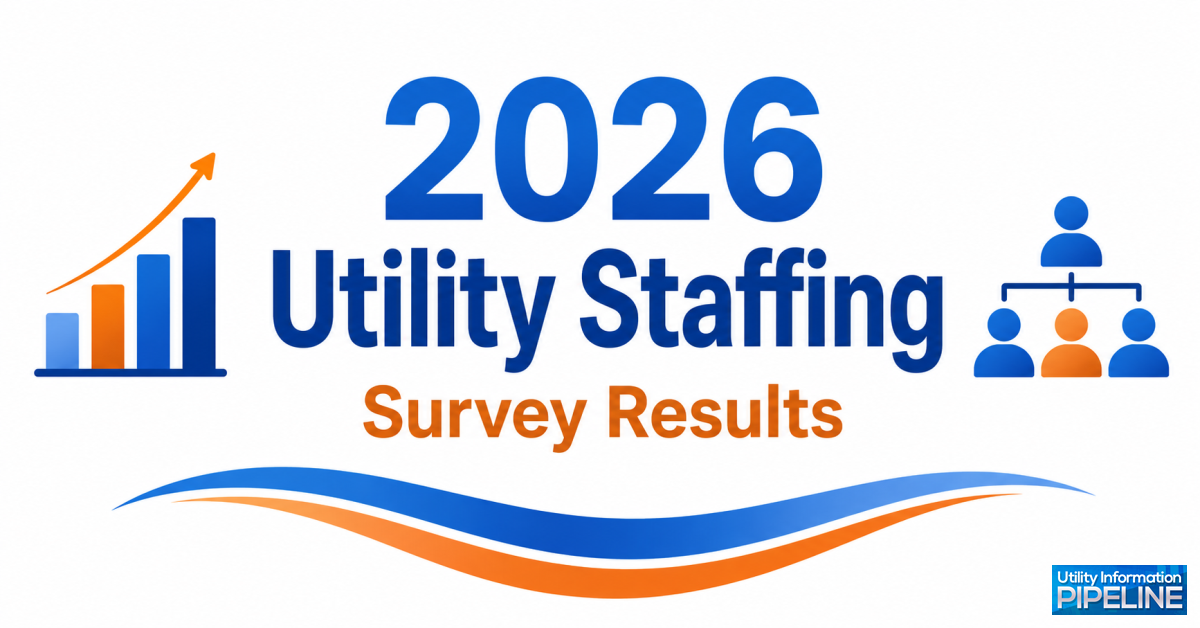 Banner graphic titled '2026 Utility Staffing Survey Results,' featuring an ascending bar chart icon, an org-chart-style team icon with four figures, a blue and orange wave design, and the Utility Information Pipeline logo.