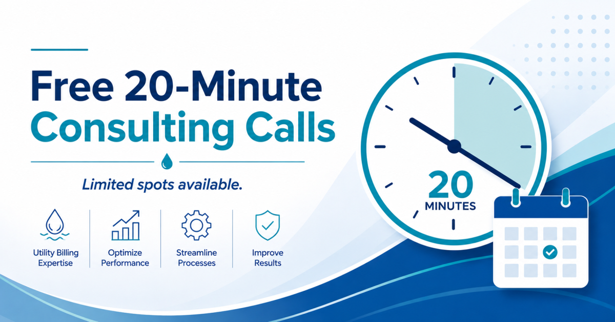 Promotional graphic for free 20-minute consulting calls, with a clock showing 20 minutes, a calendar with a checked date, and icons highlighting utility billing expertise, performance optimization, streamlined processes, and improved results.