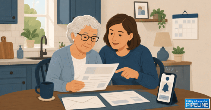 Elderly woman and her adult daughter reviewing a utility bill together, with a phone showing a notification alert.