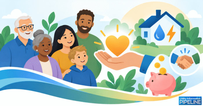 Illustration of a family receiving help from a utility customer assistance program with icons for utility bill help, donations, and agency partnerships.