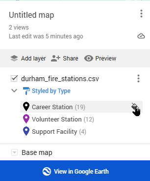 Google My Maps style editor popup for the 'Career Station' category (19 items), showing a text field with the category name, a color palette grid, and a row of popular icon options with a 'More icons' button below.