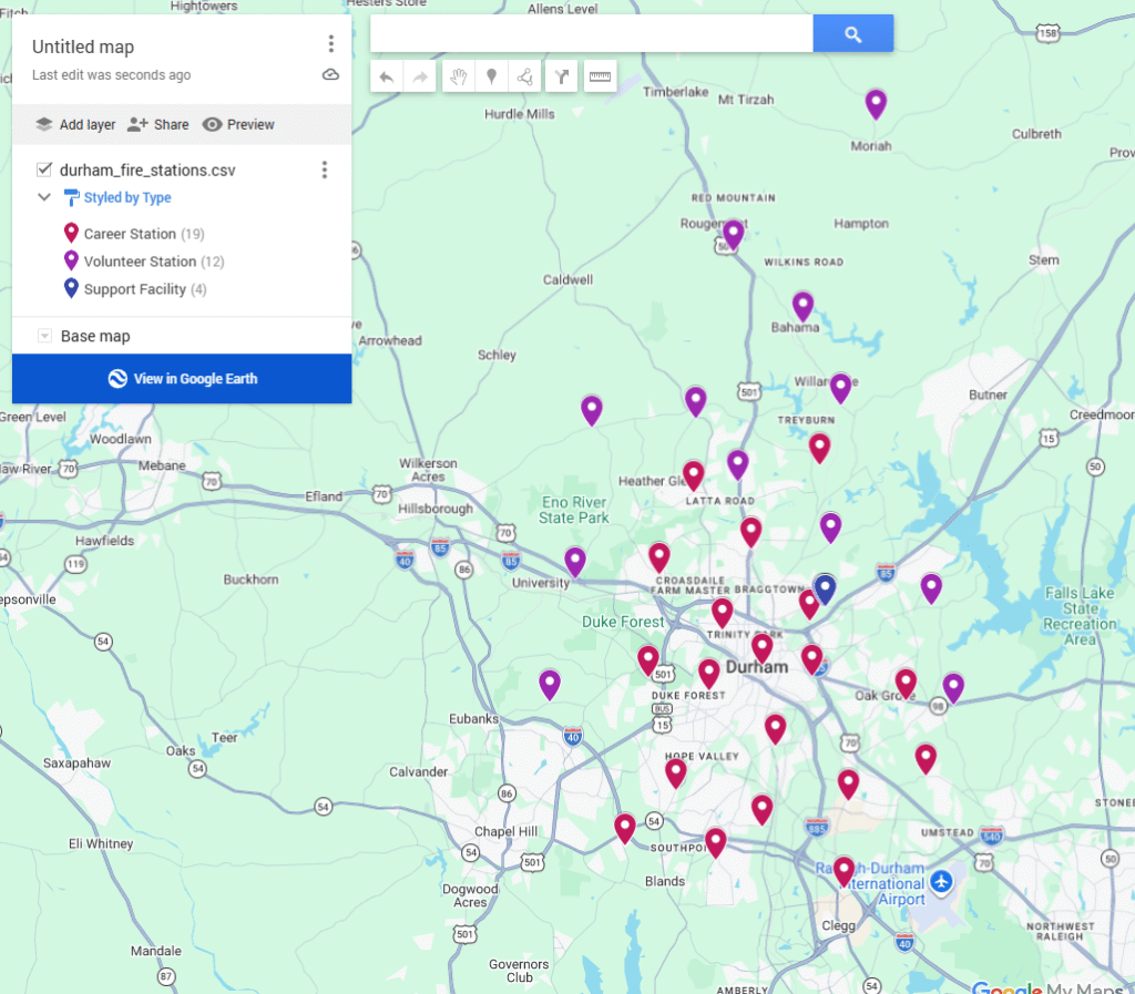 Google My Maps view of the durham_fire_stations.csv layer styled by Type, with Career Stations (19) shown as red pins, Volunteer Stations (12) as purple pins, and one Support Facility as a blue pin, scattered across Durham, NC and surrounding areas including Hillsborough, Chapel Hill, Bahama, and Moriah.