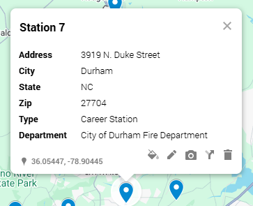 Google My Maps info window for 'Station 7' showing Address: 3919 N. Duke Street, City: Durham, State: NC, Zip: 27704, Type: Career Station, Department: City of Durham Fire Department, with coordinates and icon options for style, edit, camera, direction, and delete.