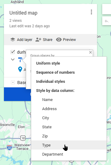 Google My Maps 'Group places by' dropdown menu showing options Uniform style, Sequence of numbers, Individual styles, and Style by data column with sub-options Name, Address, City, State, Zip, Type (highlighted with cursor), and Department.
