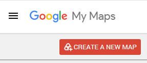 Google My Maps interface showing a hamburger menu icon, the Google My Maps logo, and a red 'Create a New Map' button.