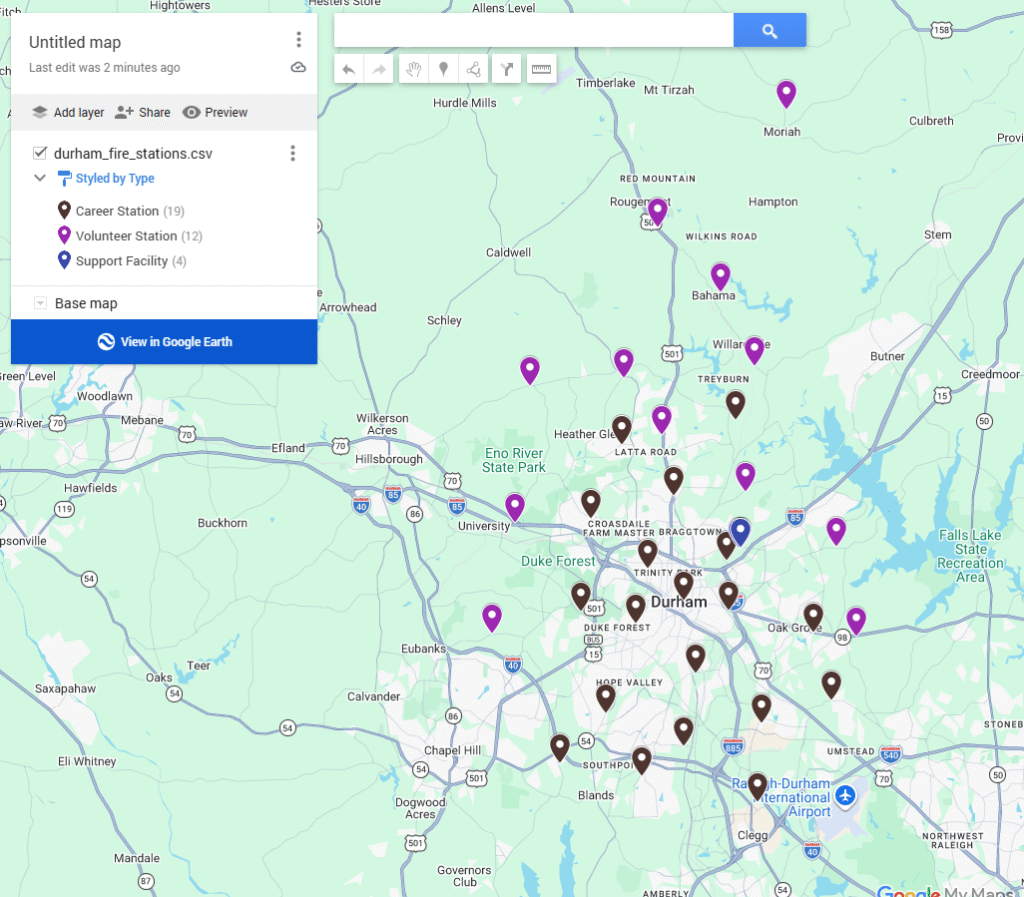 Google My Maps view of an 'Untitled map' with the durham_fire_stations.csv layer styled by Type using default colors: Career Stations (19, black pins), Volunteer Stations (12, purple pins), and Support Facility (blue pin), scattered across Durham, NC and surrounding areas.