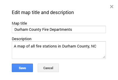 'Edit map title and description' dialog with the Map title field set to 'Durham County Fire Departments' and the Description field set to 'A map of all fire stations in Durham County, NC,' with Save and Cancel buttons below.