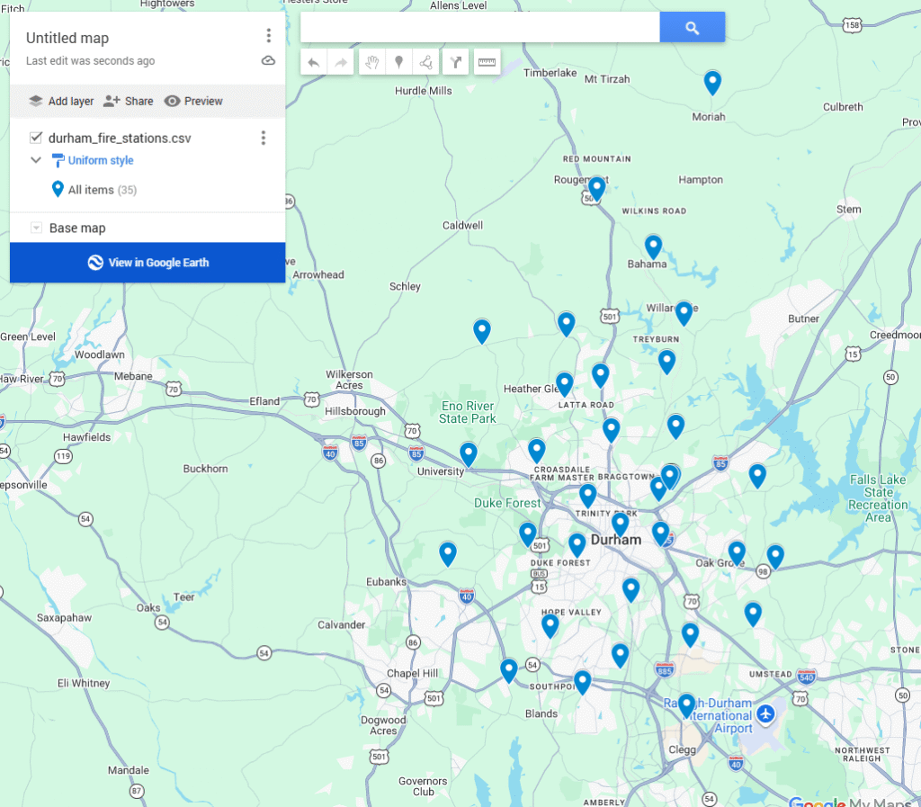 Google My Maps panel for an 'Untitled map' showing the durham_fire_stations.csv layer set to Uniform style, with all 35 items grouped under a single default blue pin icon.