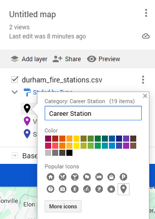 Google My Maps style editor popup for the 'Career Station' category (19 items), showing a text field with the category name, a color palette grid, and a row of popular icon options with a 'More icons' button below.