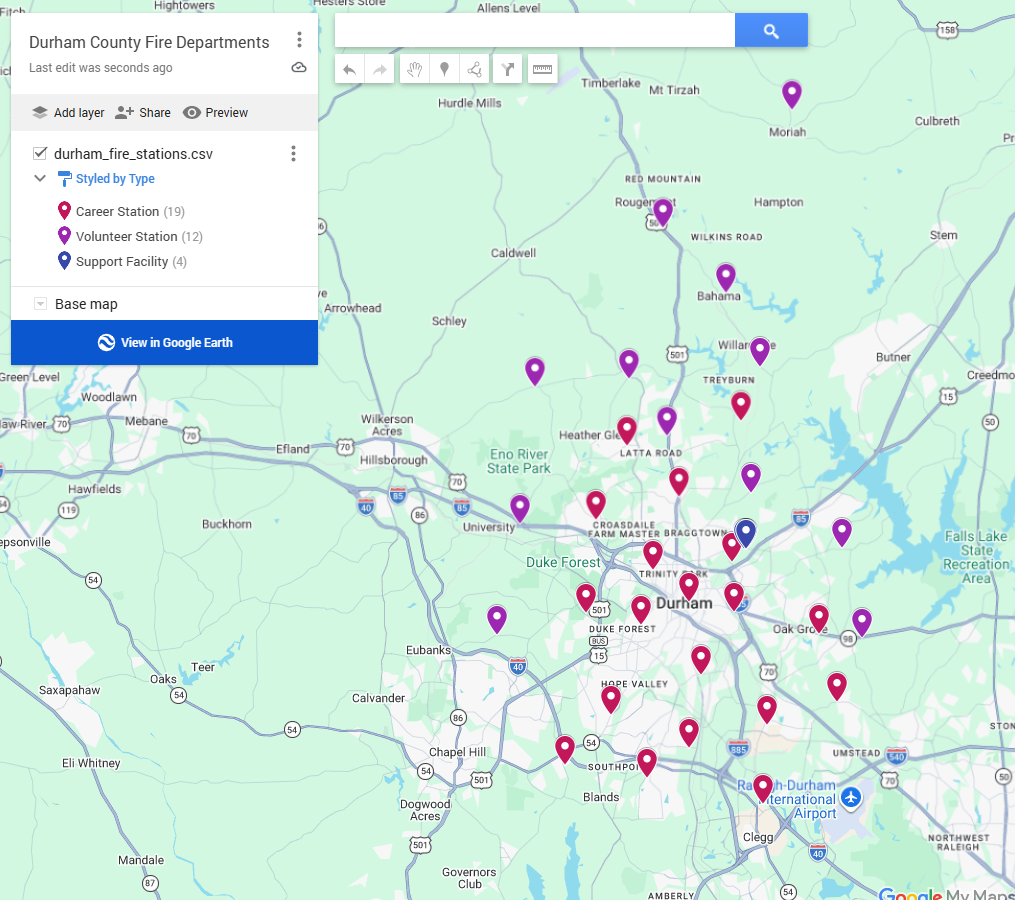 Google My Maps view titled 'Durham County Fire Departments,' showing the durham_fire_stations.csv layer styled by Type with Career Stations (19, red pins), Volunteer Stations (12, purple pins), and Support Facility (blue pin) scattered across Durham, NC and surrounding areas.