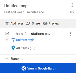 Google My Maps panel for an 'Untitled map' showing the durham_fire_stations.csv layer set to Uniform style, with all 35 items grouped under a single default blue pin icon.