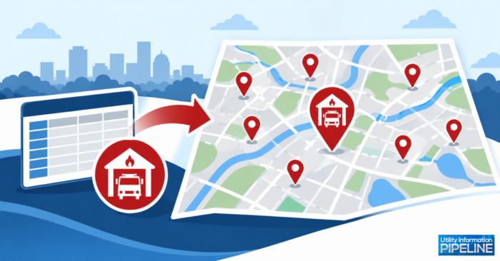 Illustration showing a spreadsheet of data transforming into a map with red location pins, including a fire station icon, over a city skyline background, with the Utility Information Pipeline logo in the corner.