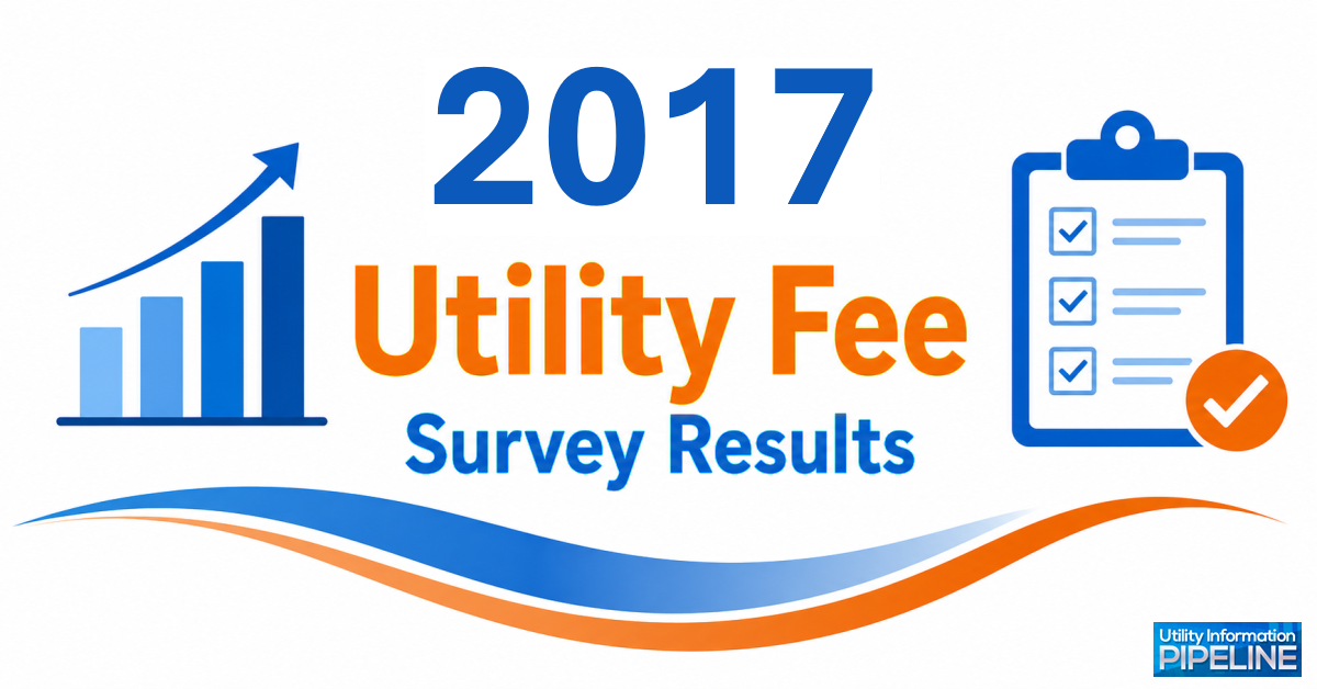 Banner graphic titled '2017 Utility Fee Survey Results,' featuring an ascending bar chart icon, a clipboard with checkmarks icon, a blue and orange wave design, and the Utility Information Pipeline logo.