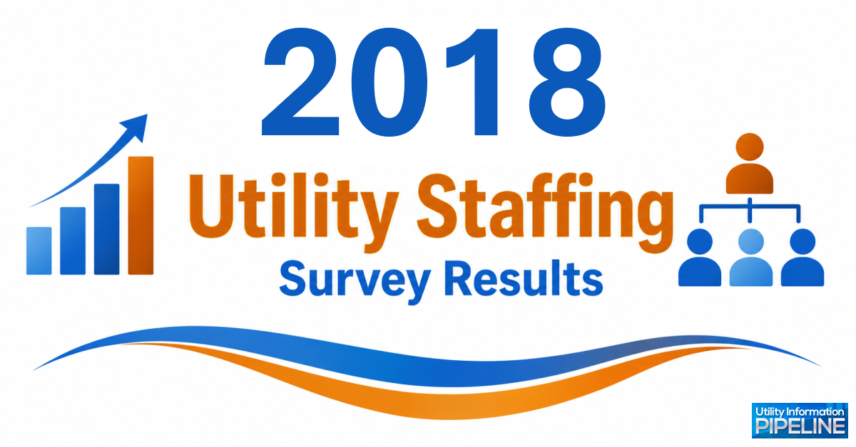 Banner graphic titled '2018 Utility Staffing Survey Results,' featuring an ascending bar chart icon, an org-chart-style team icon with four figures, a blue and orange wave design, and the Utility Information Pipeline logo.