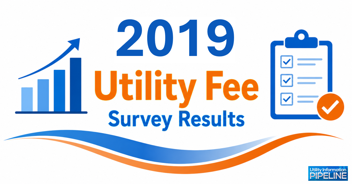 Banner graphic titled '2019 Utility Fee Survey Results,' featuring an ascending bar chart icon, a clipboard with checkmarks icon, a blue and orange wave design, and the Utility Information Pipeline logo.