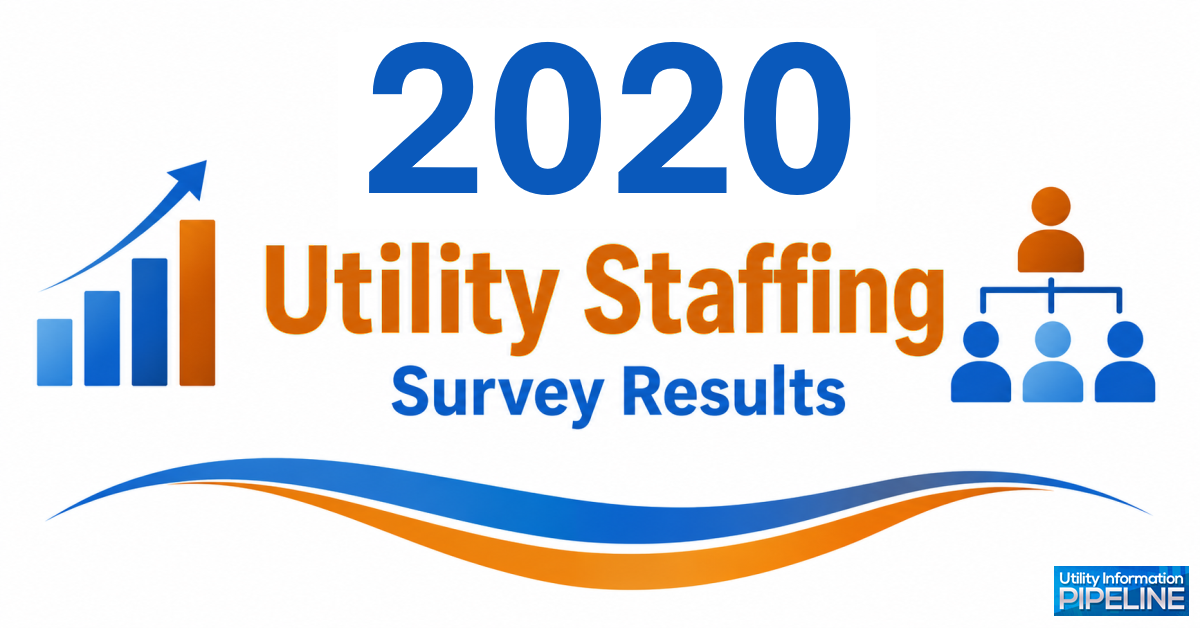 Banner graphic titled '2020 Utility Staffing Survey Results,' featuring an ascending bar chart icon, an org-chart-style team icon with four figures, a blue and orange wave design, and the Utility Information Pipeline logo.