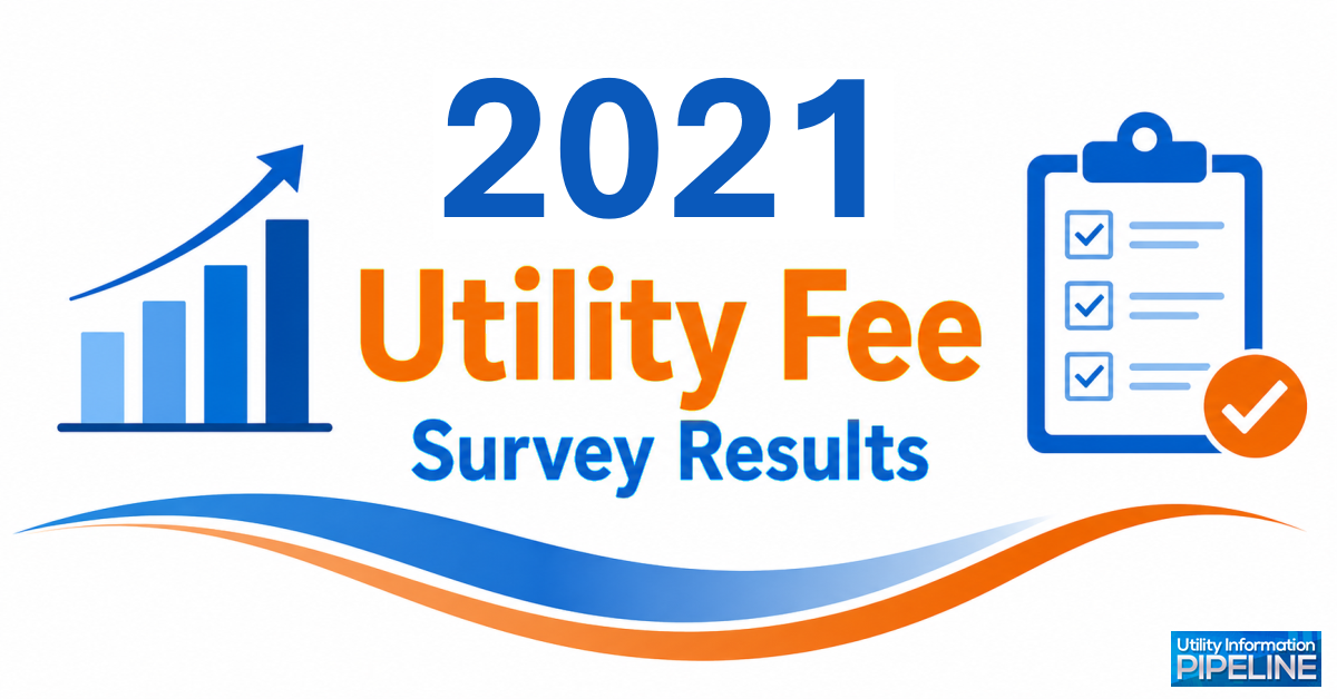 Banner graphic titled '2021 Utility Fee Survey Results,' featuring an ascending bar chart icon, a clipboard with checkmarks icon, a blue and orange wave design, and the Utility Information Pipeline logo.