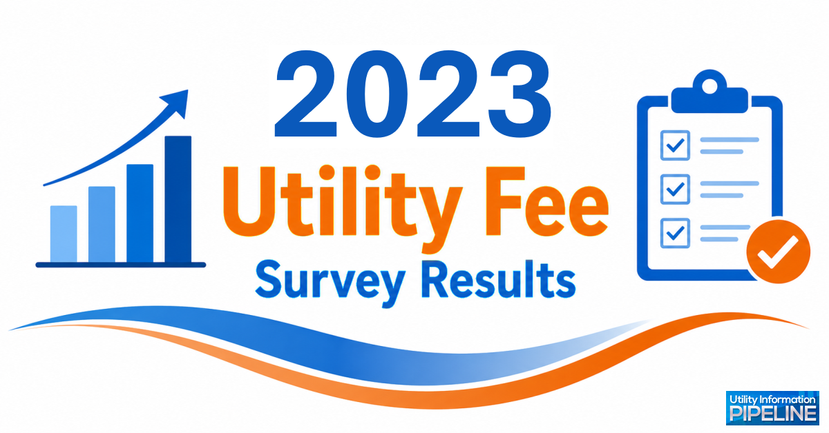 Banner graphic titled '2023 Utility Fee Survey Results,' featuring an ascending bar chart icon, a clipboard with checkmarks icon, a blue and orange wave design, and the Utility Information Pipeline logo.