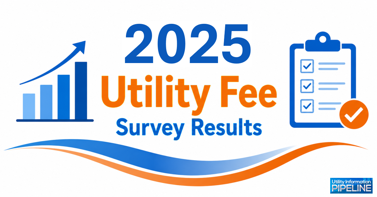 Banner graphic titled '2025 Utility Fee Survey Results,' featuring an ascending bar chart icon, a clipboard with checkmarks icon, a blue and orange wave design, and the Utility Information Pipeline logo.