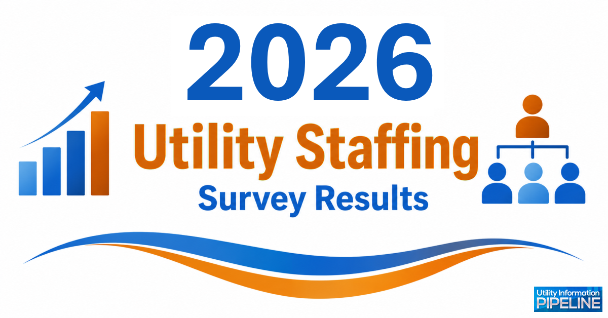 Banner graphic titled '2026 Utility Staffing Survey Results,' featuring an ascending bar chart icon, an org-chart-style team icon with four figures, a blue and orange wave design, and the Utility Information Pipeline logo.