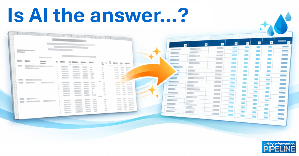 Blog banner reading “Is AI the answer...?” with an orange arrow pointing from a cluttered, blurred spreadsheet on the left to a clean, organized table with blue-highlighted columns on the right, accented by water droplets and sparkles. Utility Information Pipeline logo in the lower right corner.