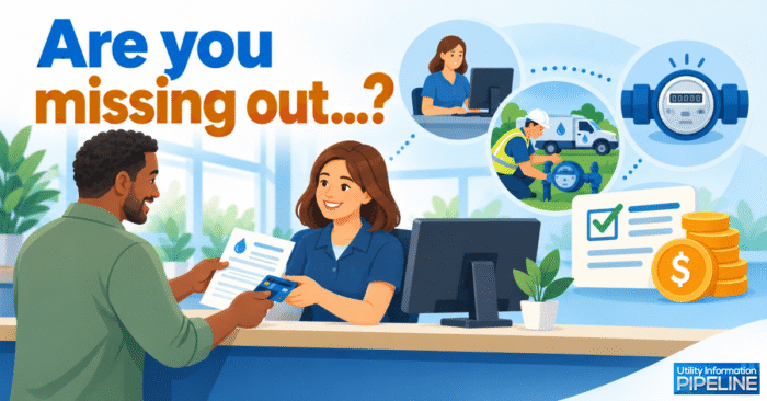 Utility billing clerk smiling as a customer hands over a bill and credit card at a service counter, with icons of a customer service rep, a field technician at a water meter, a digital meter, and a checklist with coins, under the headline 'Are you missing out...?