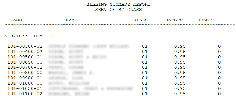 Text-based Billing Summary Report titled “Service by Class” for the IDEM FEE service. All ten accounts show one bill, a flat charge of 0.95, and usage of 0. Customer names are blurred.