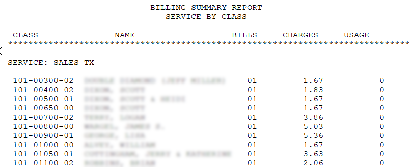 Text-based Billing Summary Report titled “Service by Class” for the SALES TX service. Ten accounts show one bill each, sales tax charges from 1.67 to 5.36, and usage of 0 for every account. Customer names are blurred.