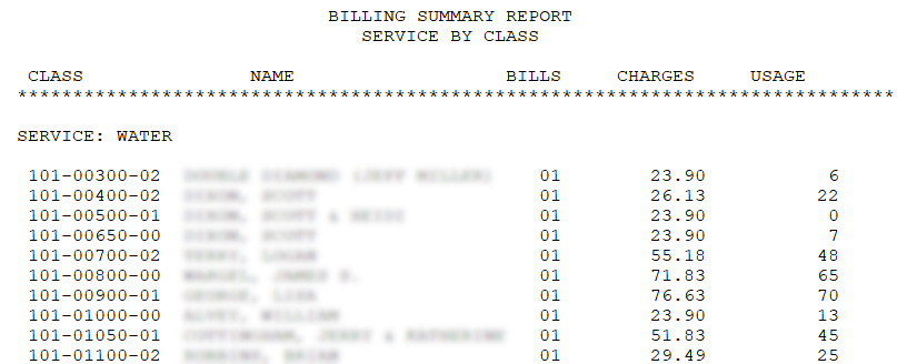 Text-based Billing Summary Report titled “Service by Class” for the WATER service. Columns list account class, customer name, bills, charges, and usage for ten accounts, with charges ranging from 23.90 to 76.63 and usage from 0 to 70. Customer names are blurred.